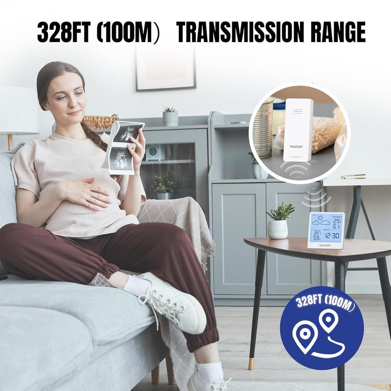 Raddy WF-50T Indoor Outdoor Thermometer Hygrometer Wireless Weather Station, Battery Powered Temperature & Humidity Monitor with 5.0’’ Display, Weather Forecast, Wireless Remote Sensor (White) - Image 4